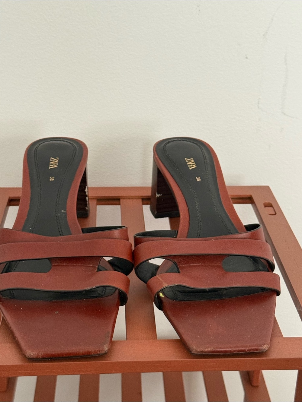 Zara Rust Brown Strappy Block Heel Mules